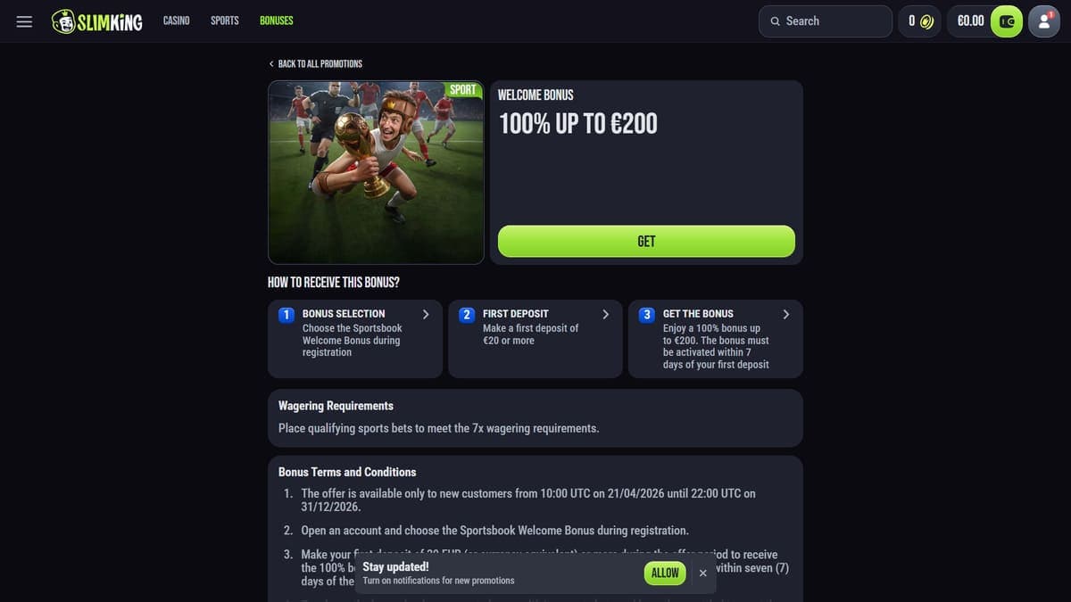 Sports welcome bonus Slim King Casino