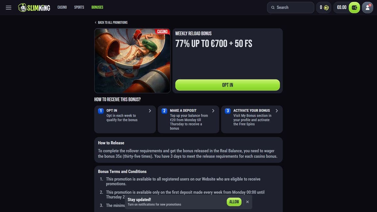 Weekly reload Slim King Casino