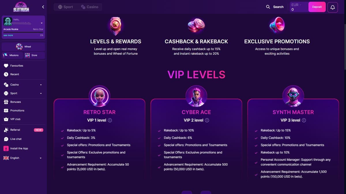 VIP levels Slotrush Casino