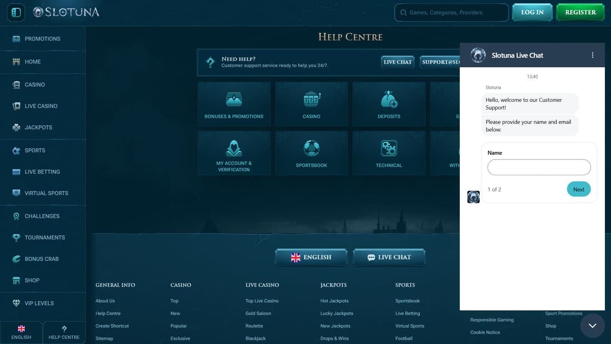 Live support Slotuna Casino