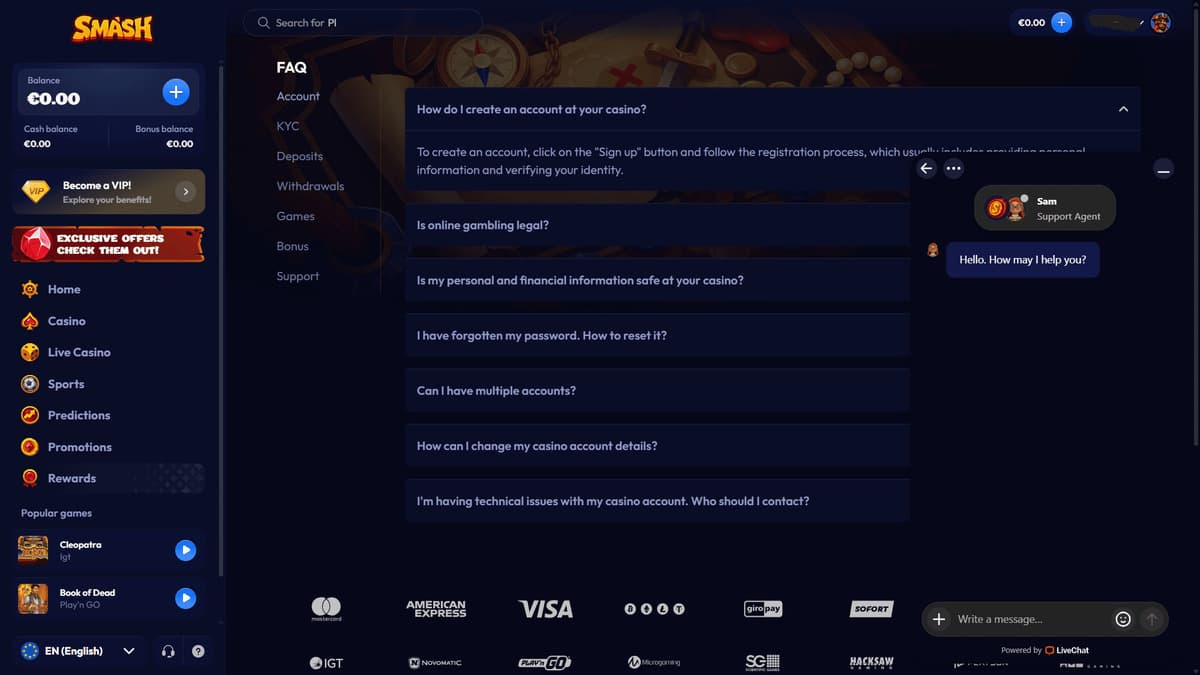 Customer service Smash Casino