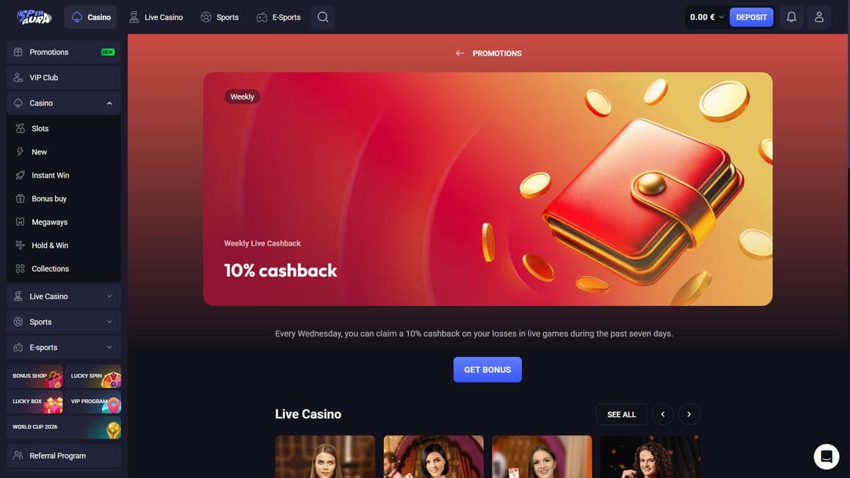 Live cashback Spin Aura Casino