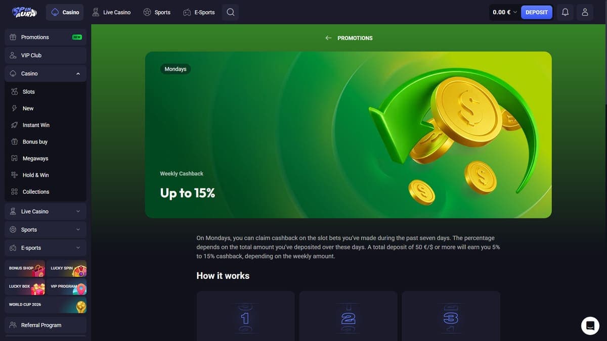 Monday cashback Spin Aura Casino
