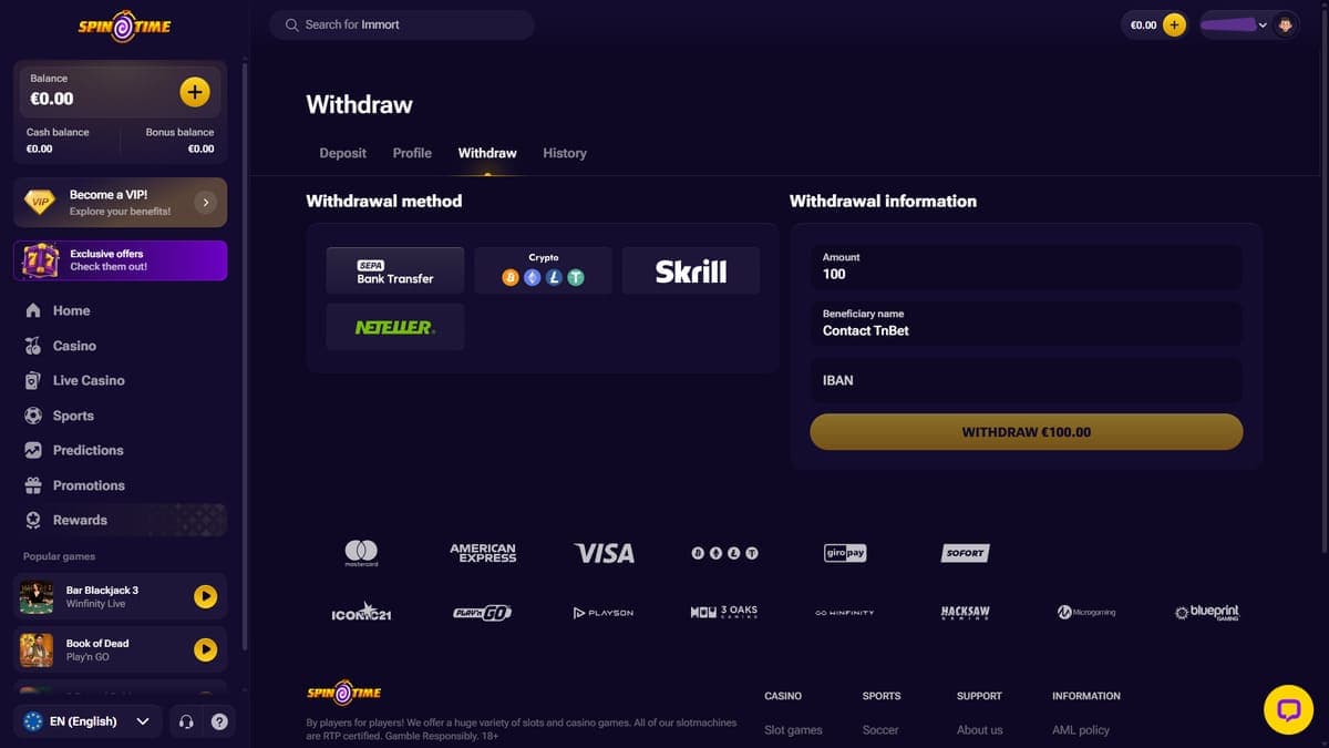 Withdrawal methods Spin Time casino