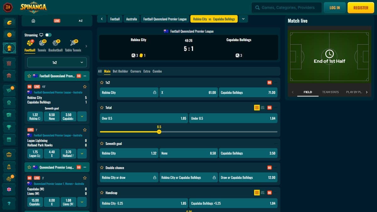 Live betting Spinanga Casino