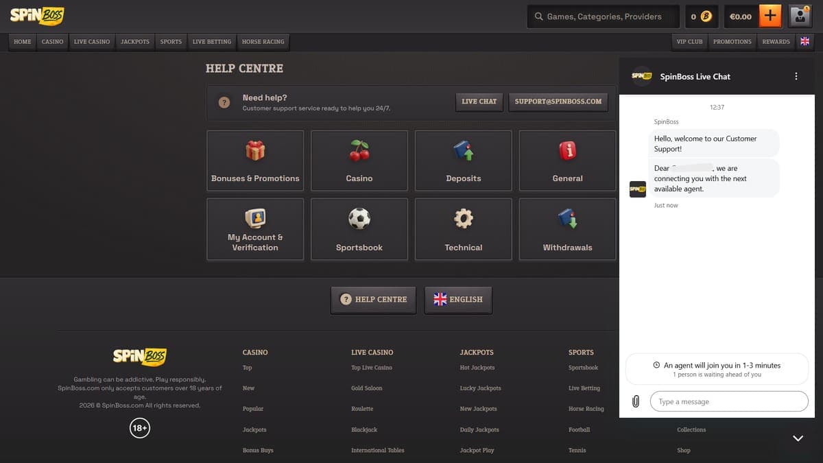 Help centre SpinBoss Casino