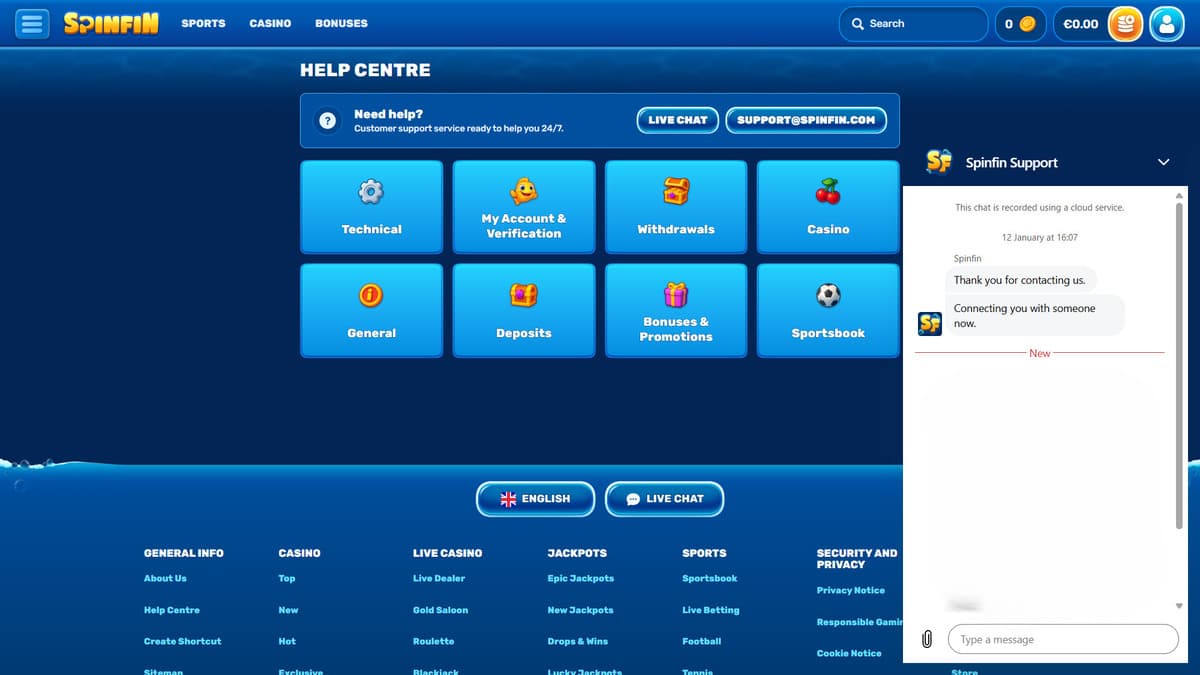 Customer service SpinFin Casino