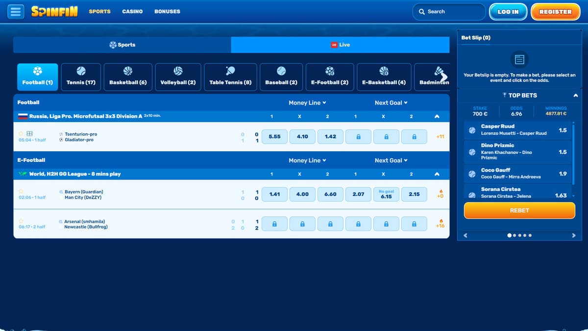 Live sports SpinFin Casino