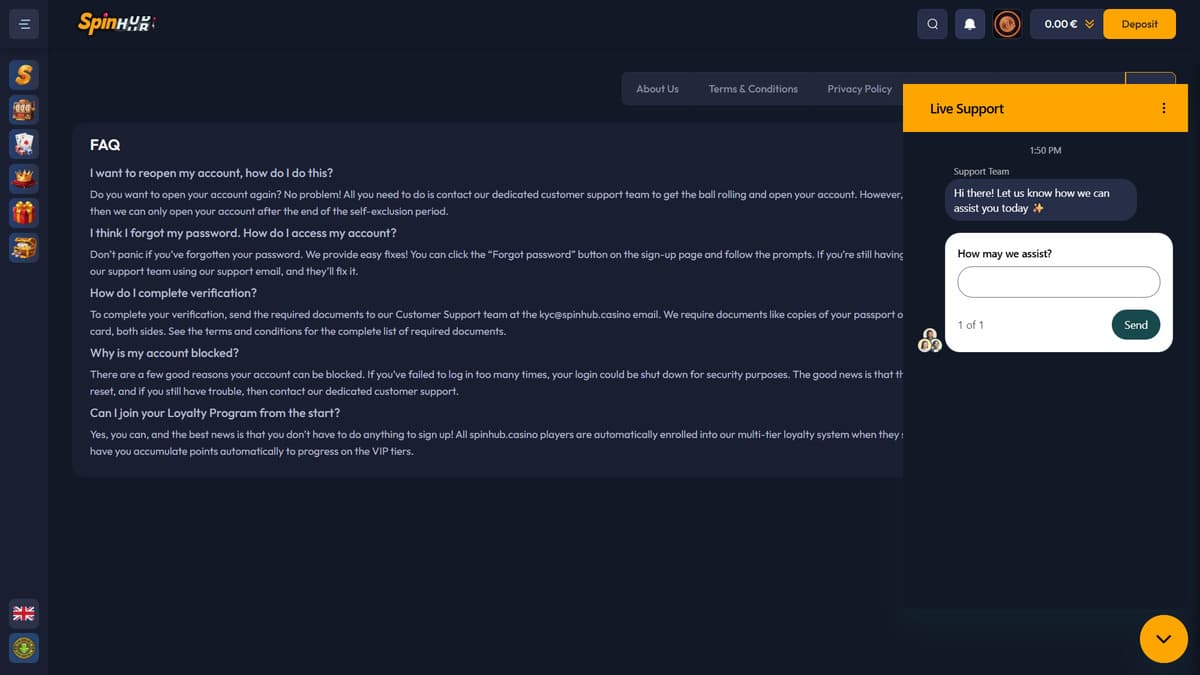 Customer support Spinhub Casino