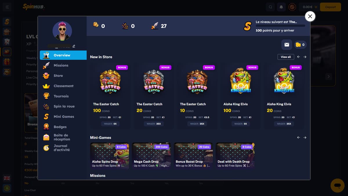 Rewards club section Spinhub Casino
