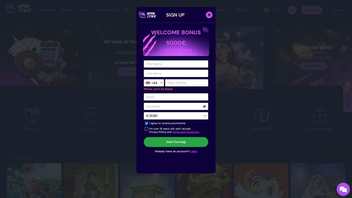 Sign up SpinLynx Casino