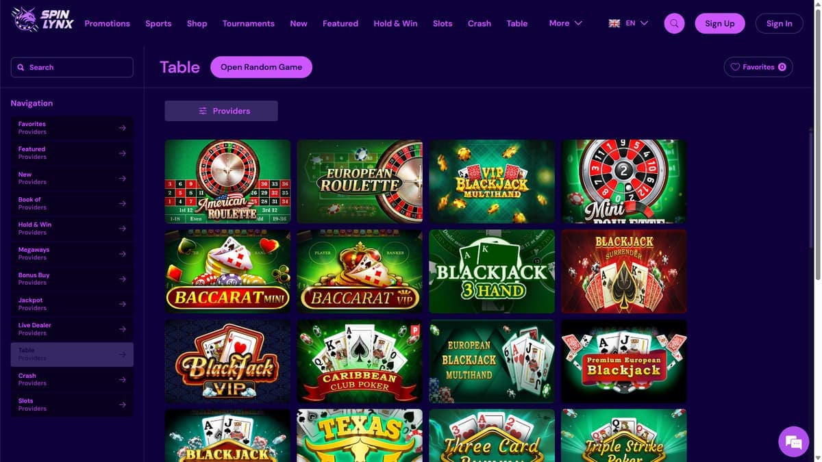 Table games SpinLynx Casino