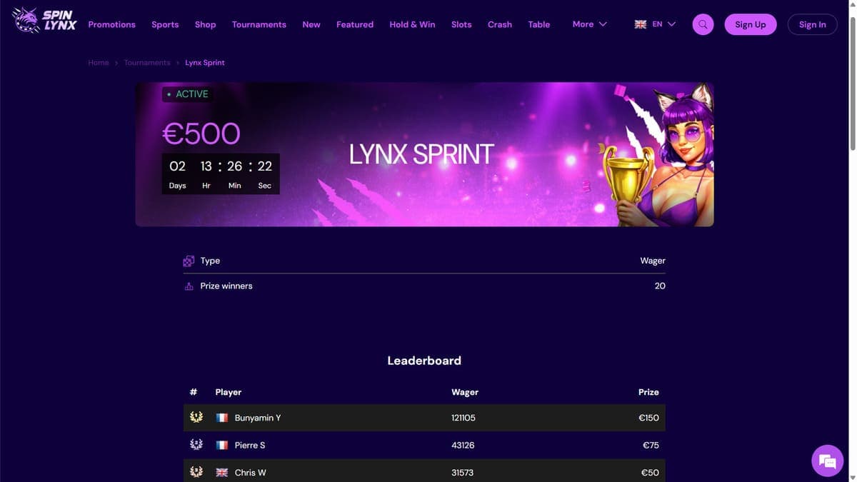 Tournaments SpinLynx Casino