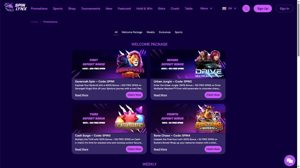 Welcome package SpinLynx Casino