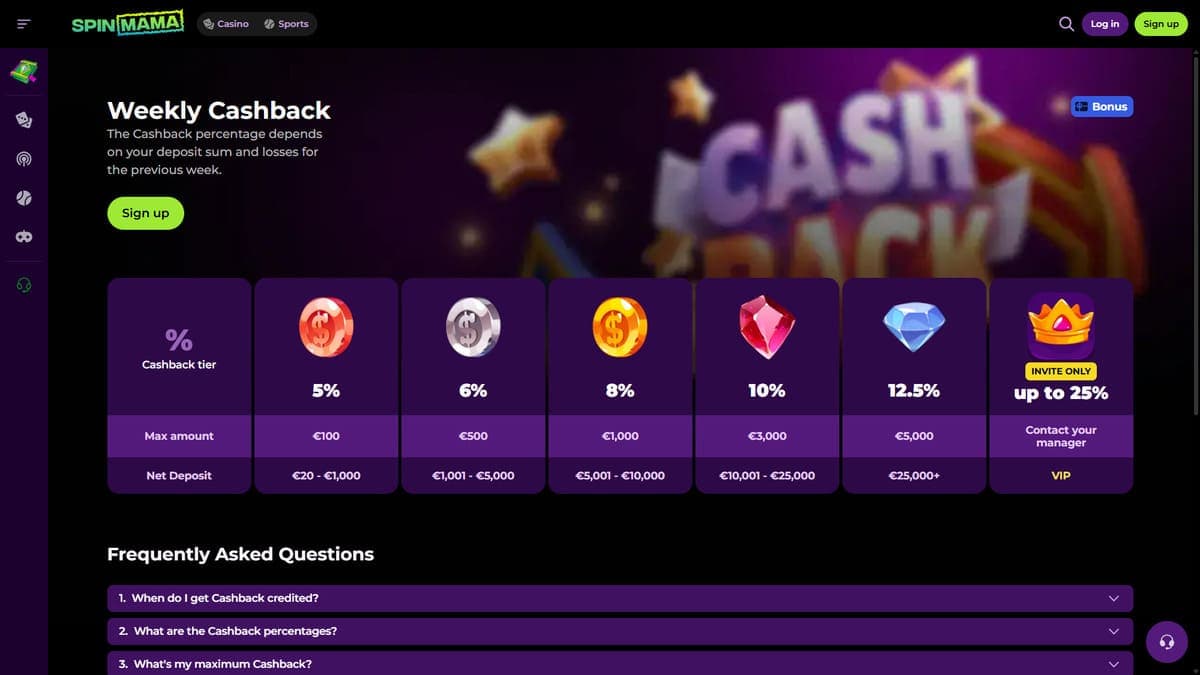 Weekly cashback SpinMama Casino