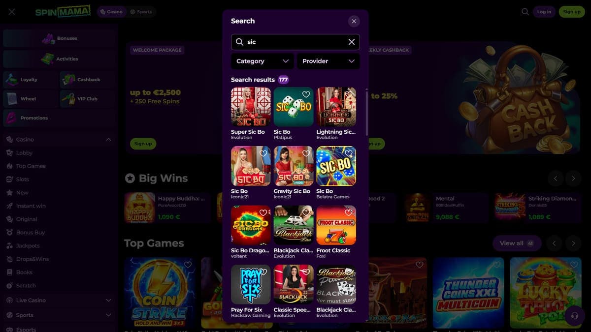 Table games SpinMama Casino