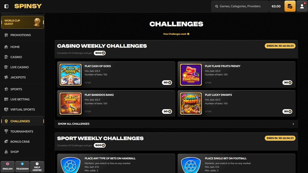 Challenges Spinsy Casino