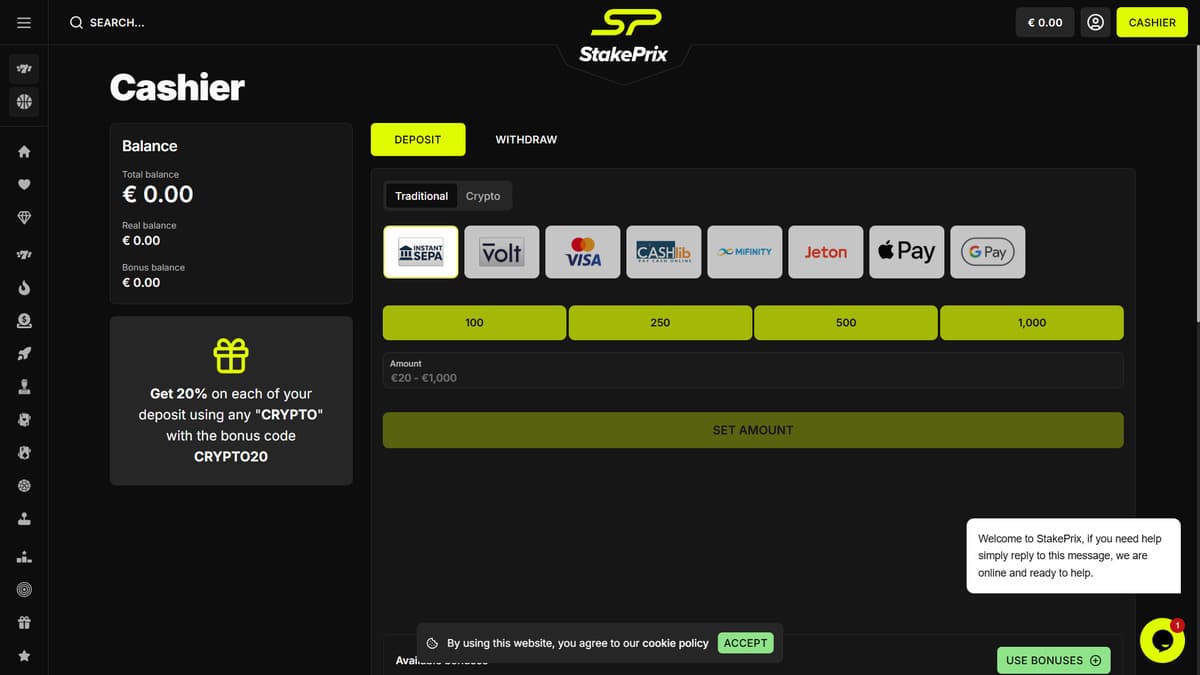 Deposit StakePrix Casino