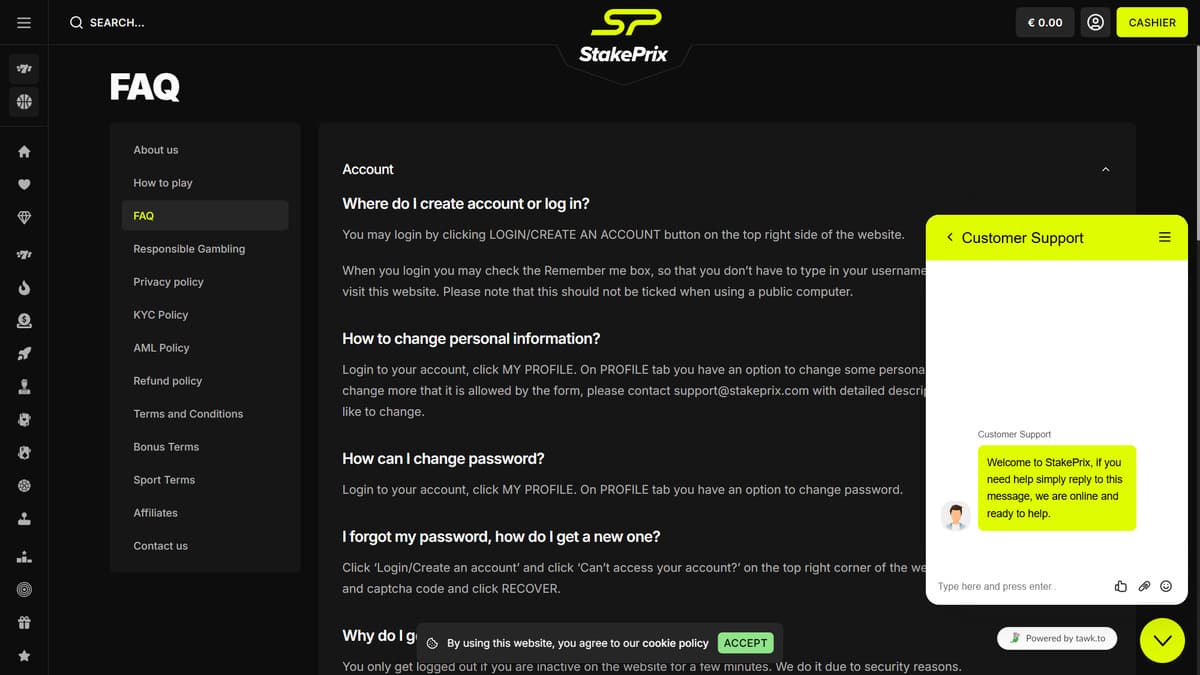 Help center StakePrix Casino