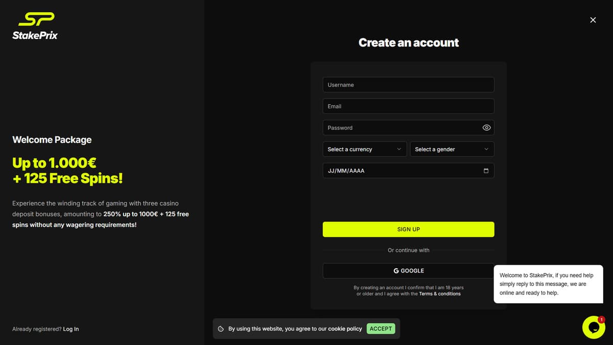 Sign up StakePrix Casino