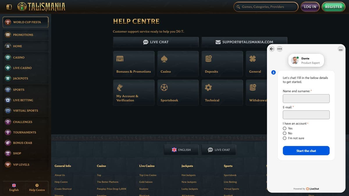 Customer service Talismania Casino