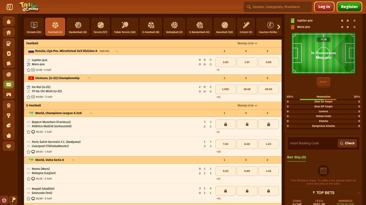 Live betting Tiki Casino