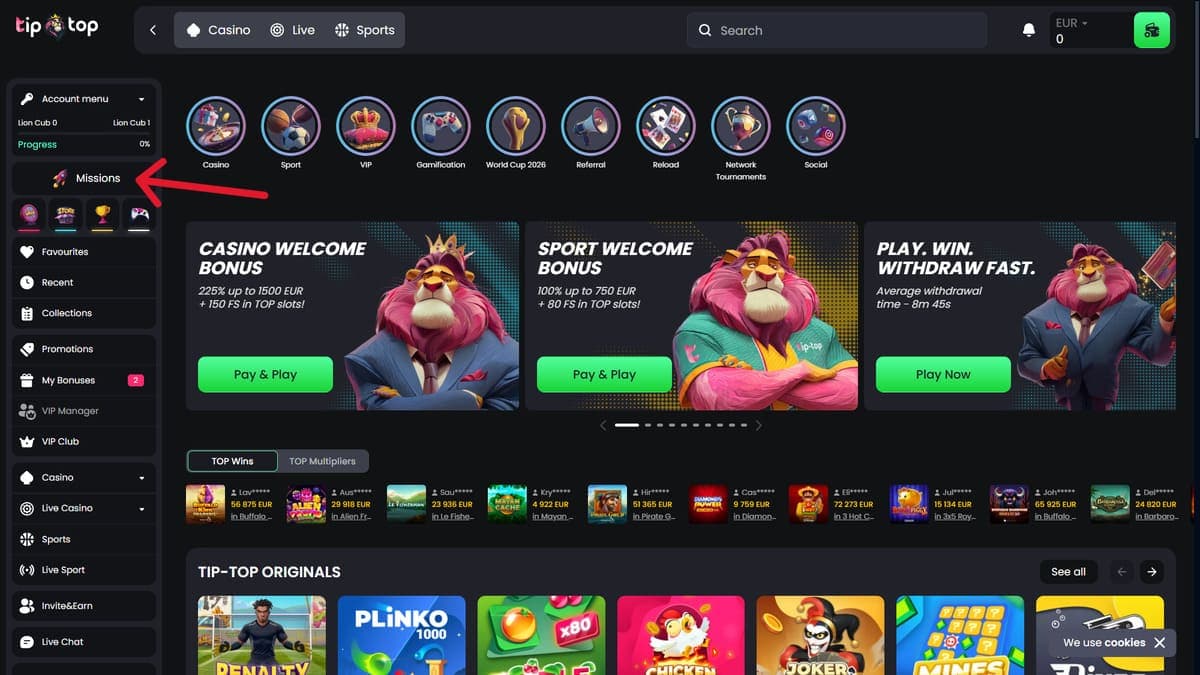 Missions Tip Top Bet Casino