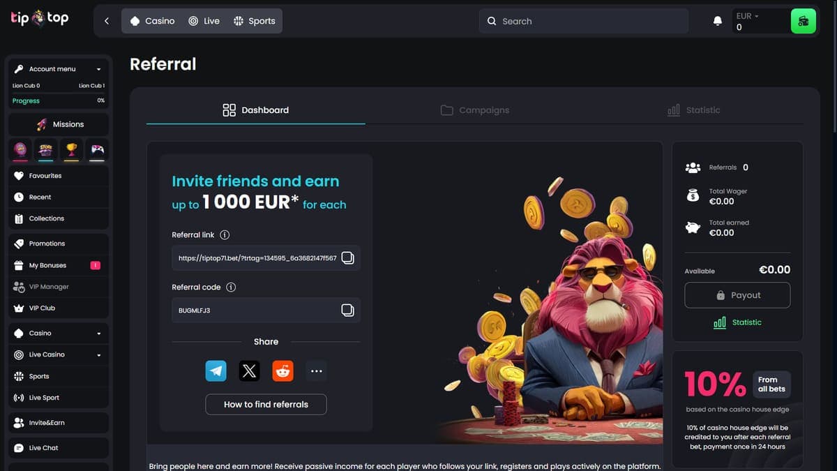Referral programme Tip Top Bet Casino