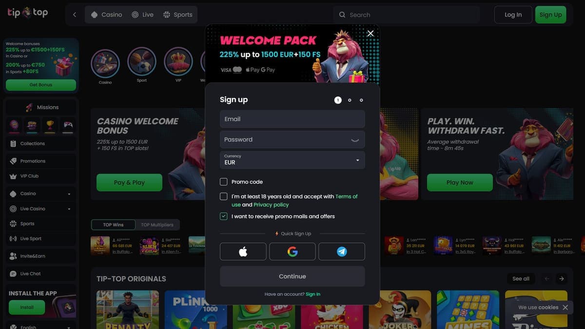 Registration Tip Top Bet Casino