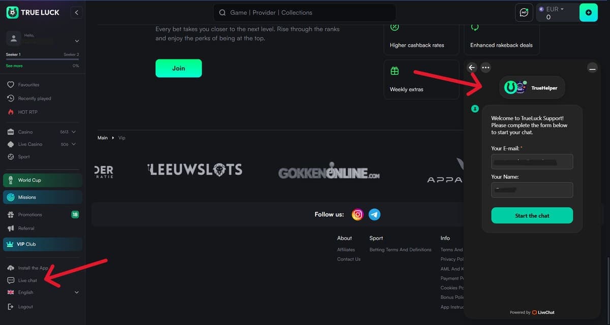 Customer service TrueLuck Casino