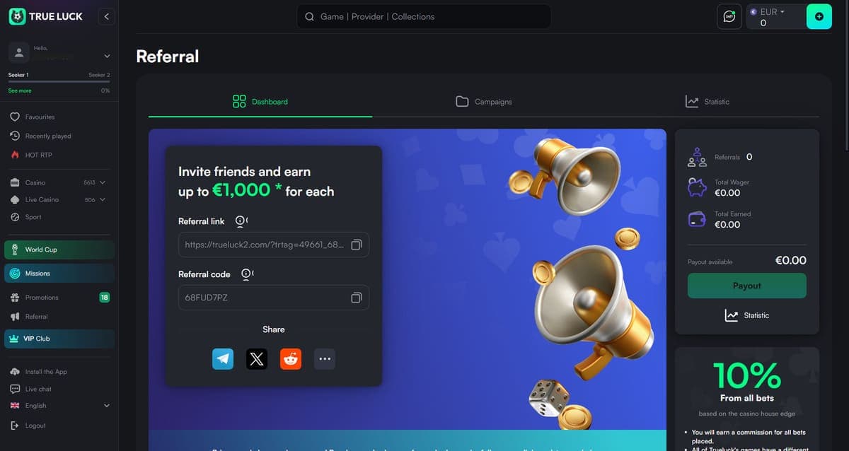 Referral programme TrueLuck Casino