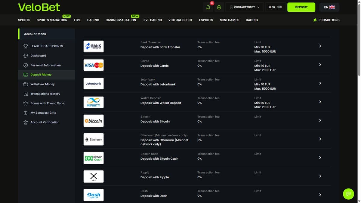 Deposit Velobet Casino