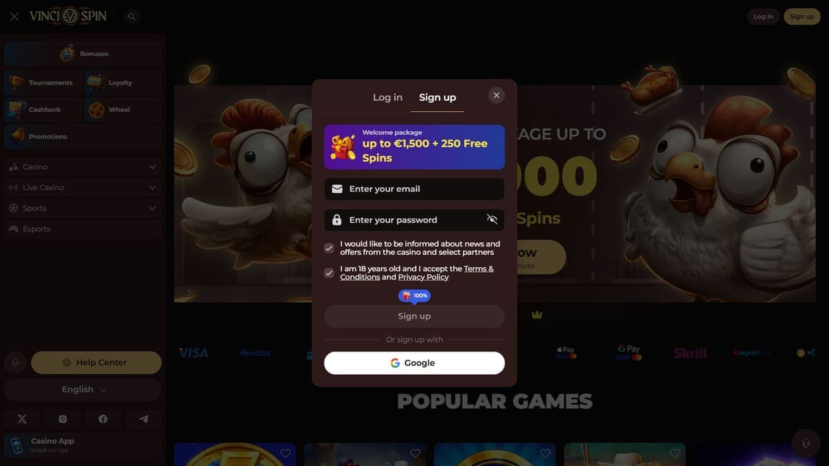Registration Vincispin Casino