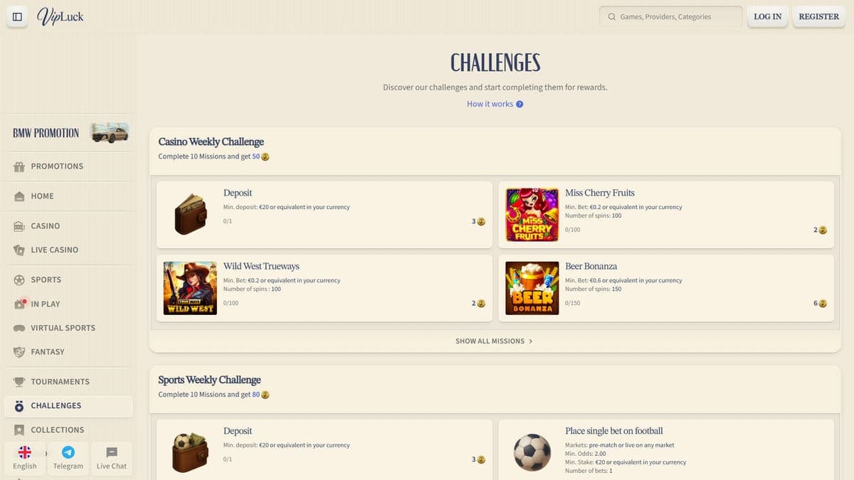 Challenges VipLuck Casino