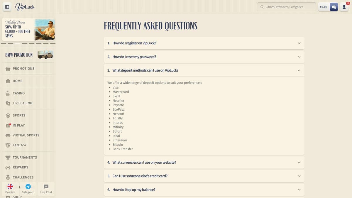 FAQ VipLuck Casino