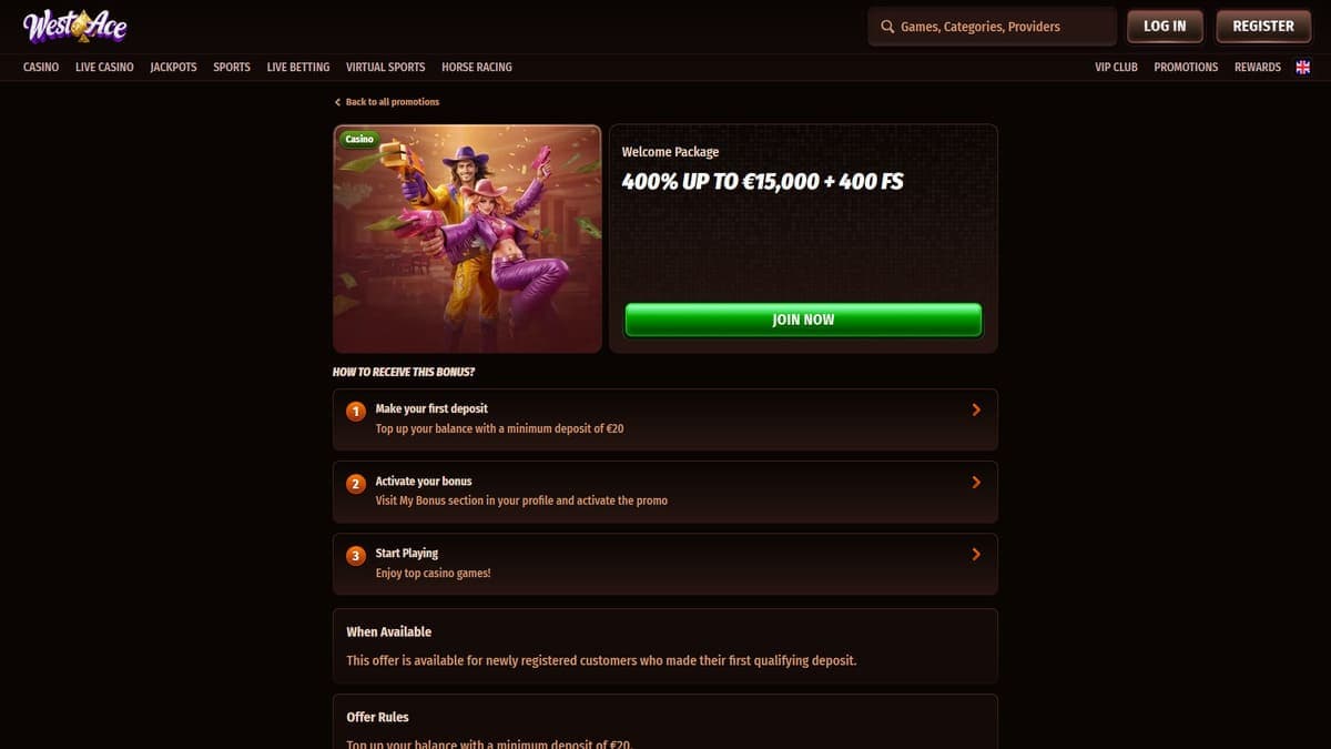 Welcome bonus Westace Casino