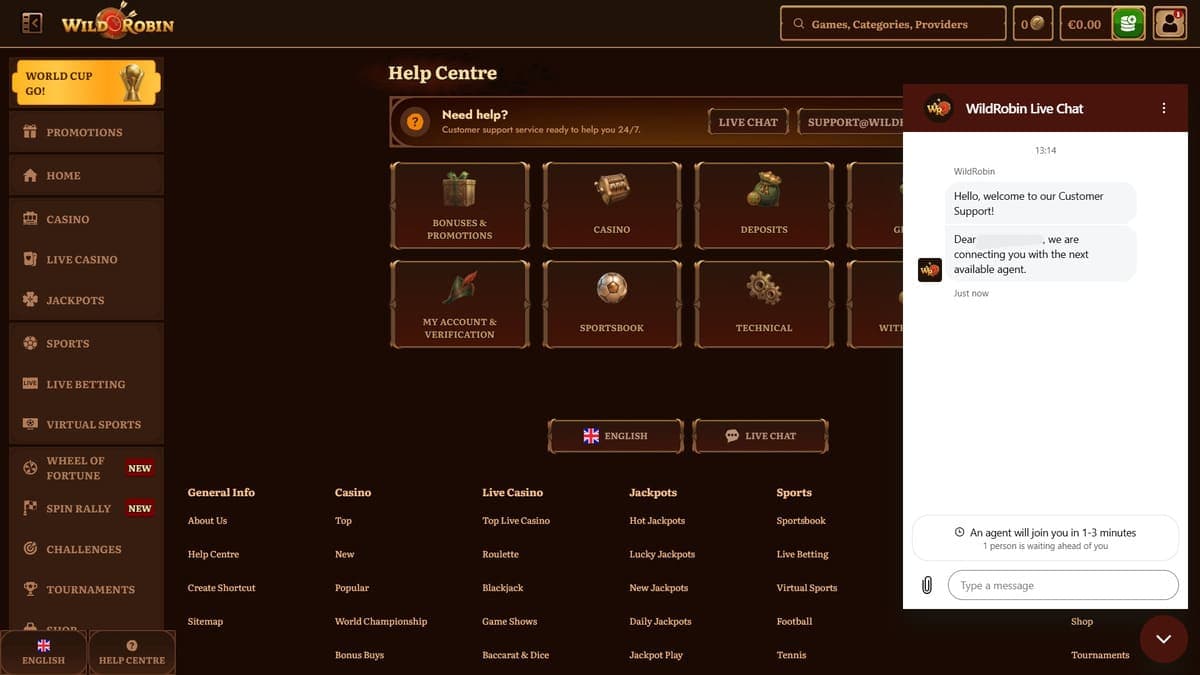 Help centre WildRobin Casino