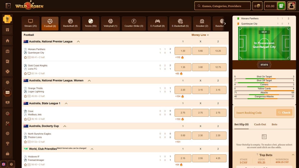 Live betting WildRobin Casino