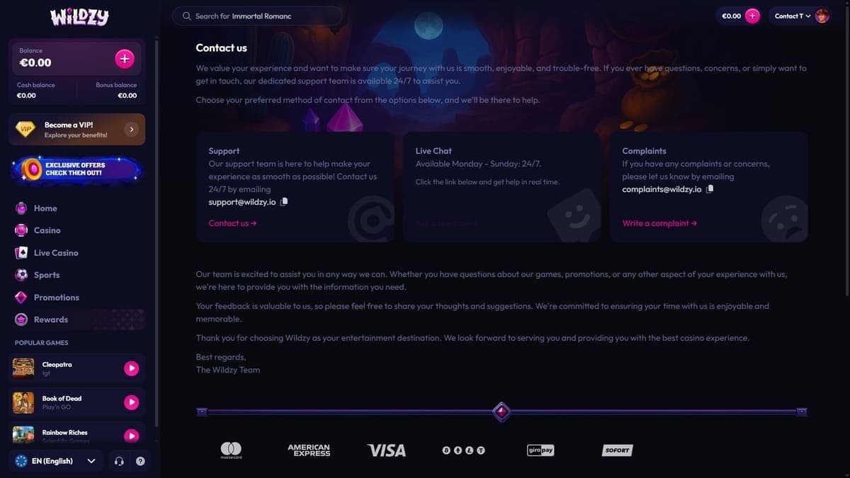 Customer service Wildzy Casino