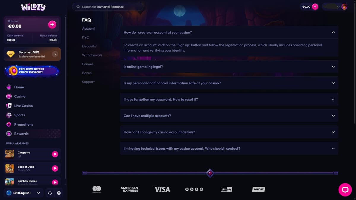 FAQ Wildzy Casino