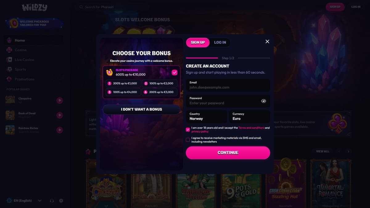 Sign up Wildzy Casino