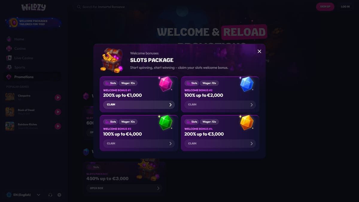 Welcome bonus Wildzy Casino