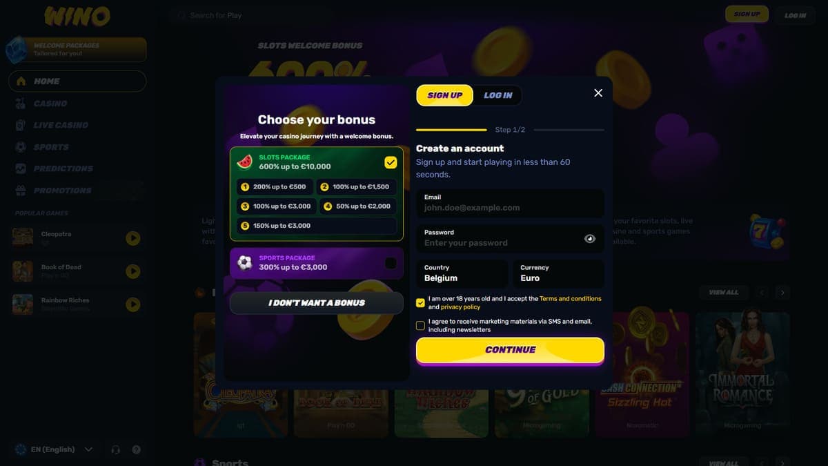 Sign up Wino Casino
