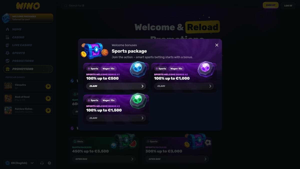 Sports welcome bonus Wino Casino