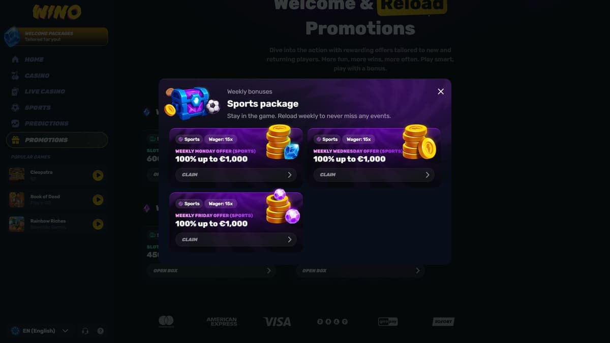 Weekly sports bonuses Wino Casino
