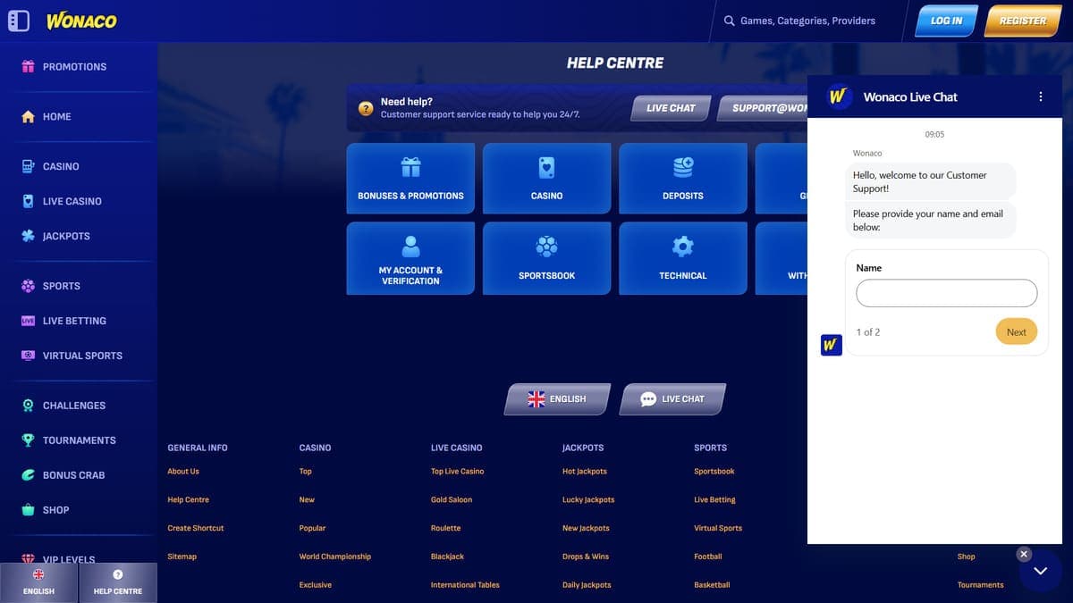 Customer service Wonaco Casino