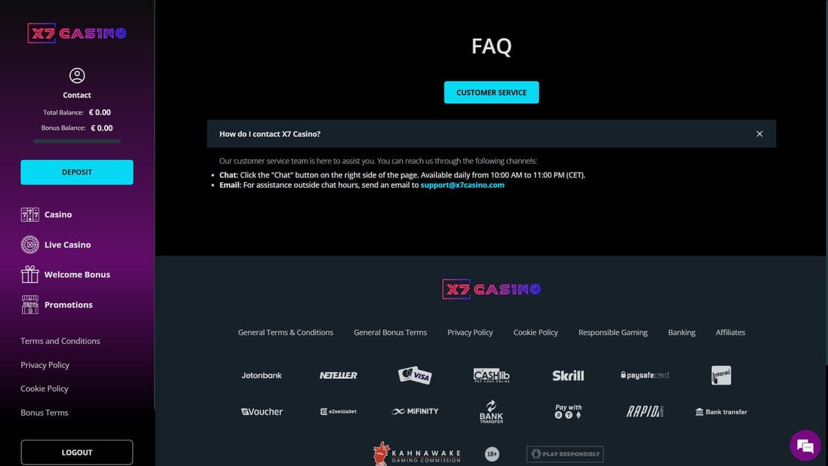 Customer support X7 Casino