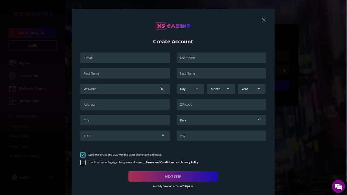 Sign up X7 Casino