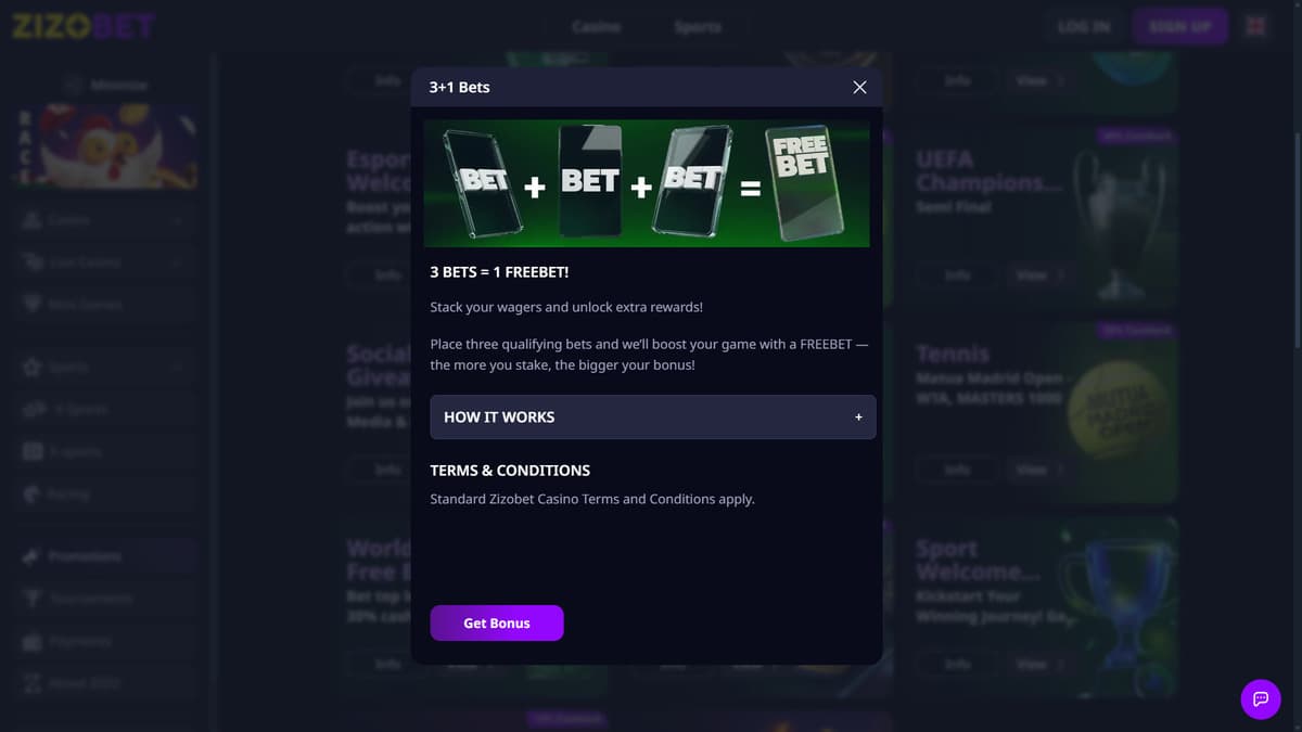 Freebet rewards Zizobet Casino