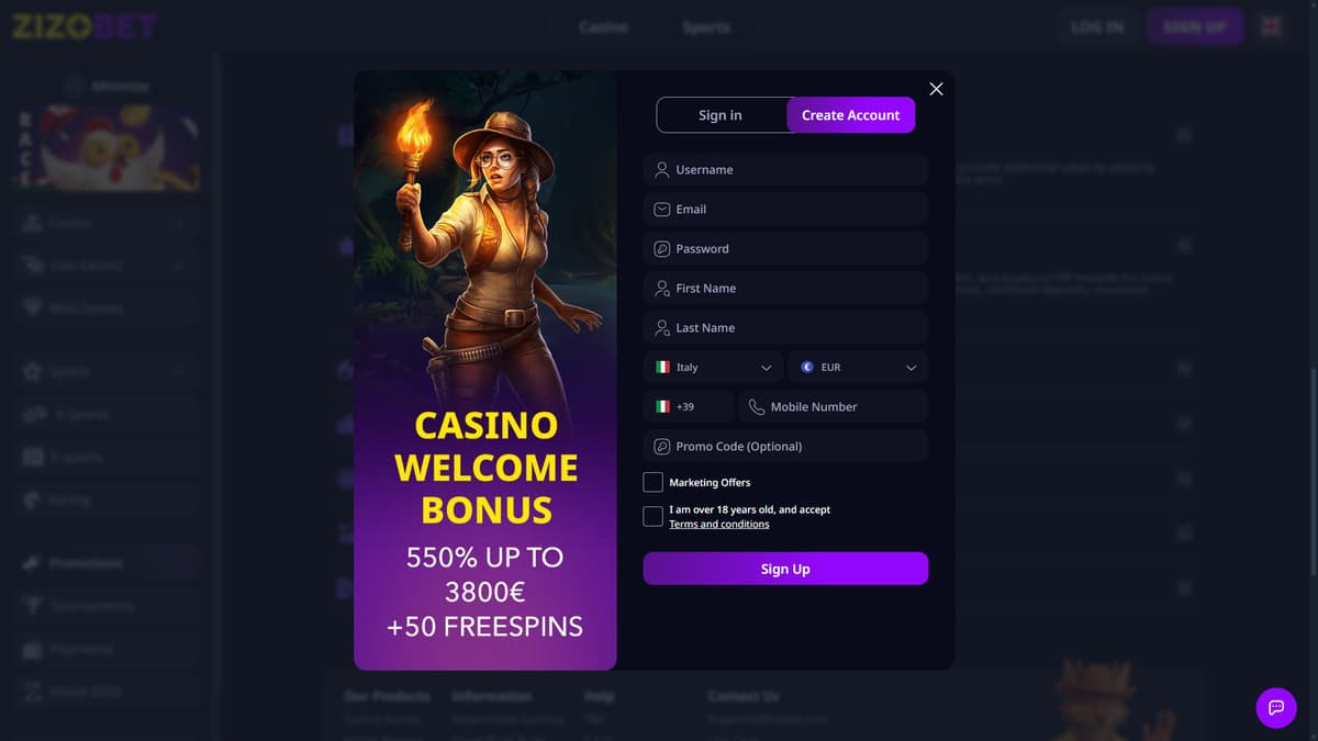 Sign up Zizobet Casino
